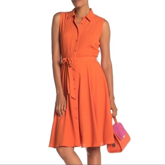 NANETTE LEPORE Fire Starter Orange Pintucked Sleeveless Shirtdress Size 6 - Picture 2 of 14